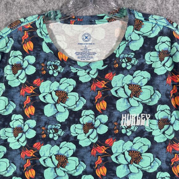 Hurley Other - Hurley T Shirt Mens Size Large Blue Floral AOP Embroidered Logo Summer Beach